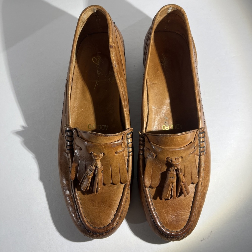 Vtg Adolfo Oleg Cassini Italian Brown Leather Kiltie Tassel Loafers Men's 8 RARE